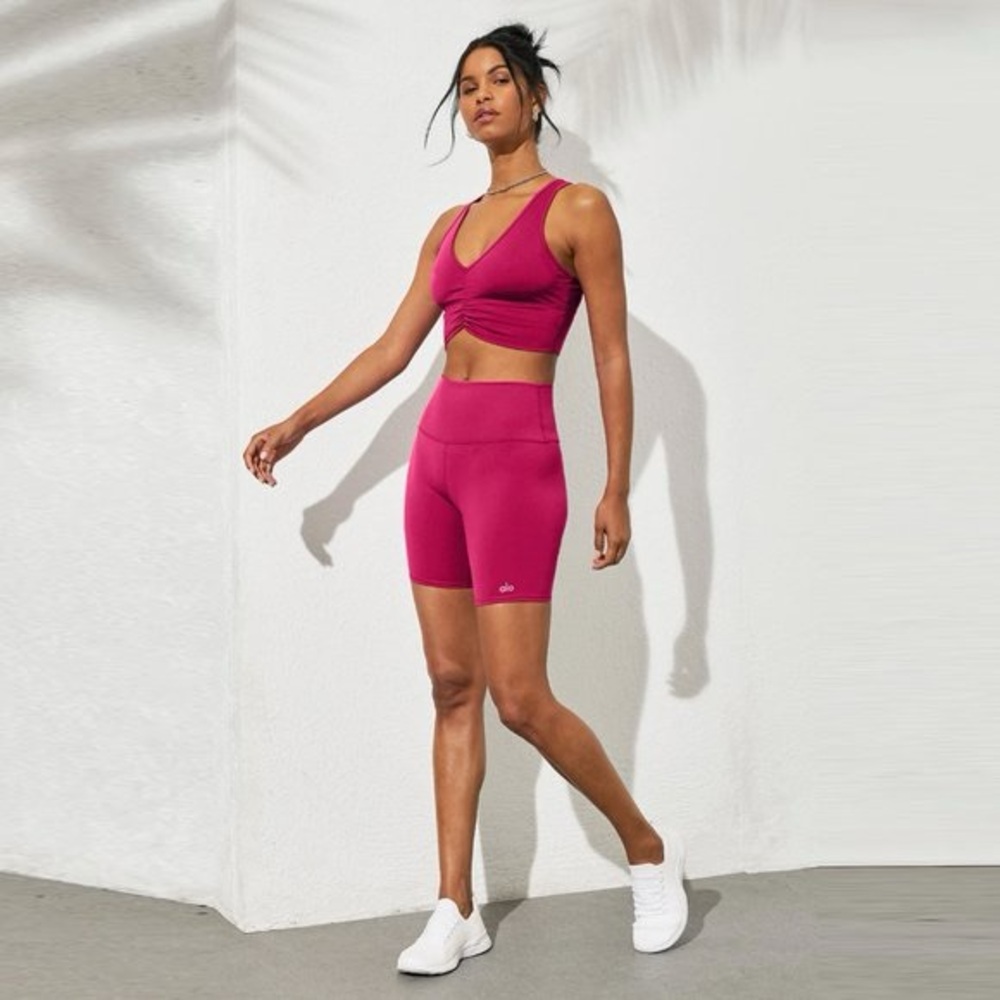 Alo Yoga High Waist Biker Shorts + Wild Thing Bra in Magenta Crush